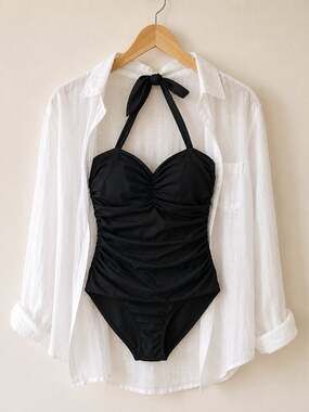 Esther Williams Black Ruched Halter One-Piece Swimsuit Plus Size Tummy Control